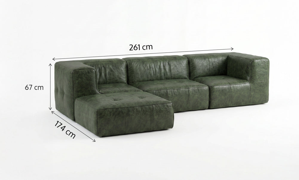 Sofá Modular 3 Lugares 2 Cantos com 1 Apoio de Pé em Poli-Couro Green