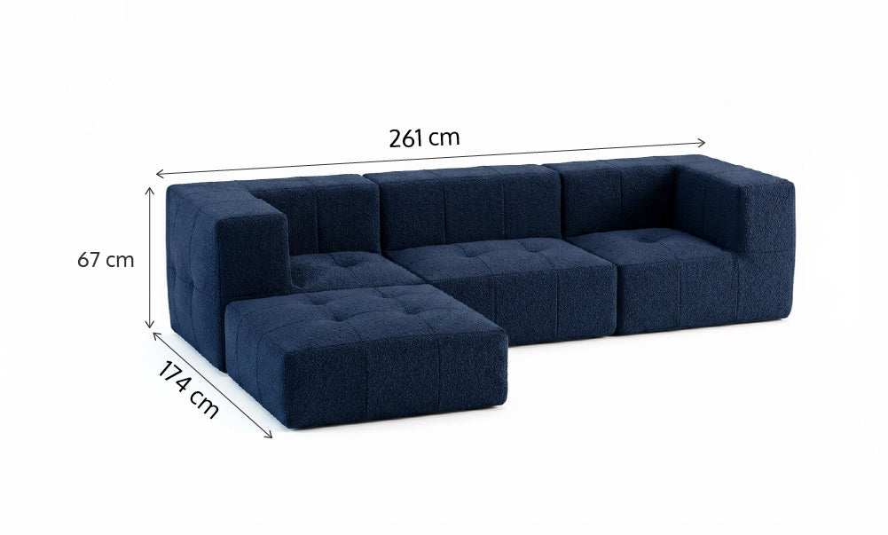 Sofá Modular 3 Lugares 2 Cantos com 1 Apoio de Pé em Boucle Azul Marinho