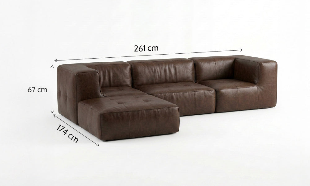 Sofá Modular 3 Lugares 2 Cantos com 1 Apoio de Pé em Poli-Couro Coffee