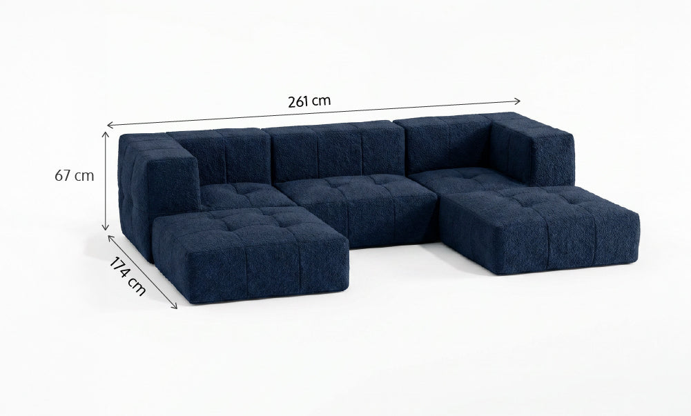Sofá Modular 3 Lugares 2 Cantos com 2 Apoios de Pé em Boucle Azul Marinho