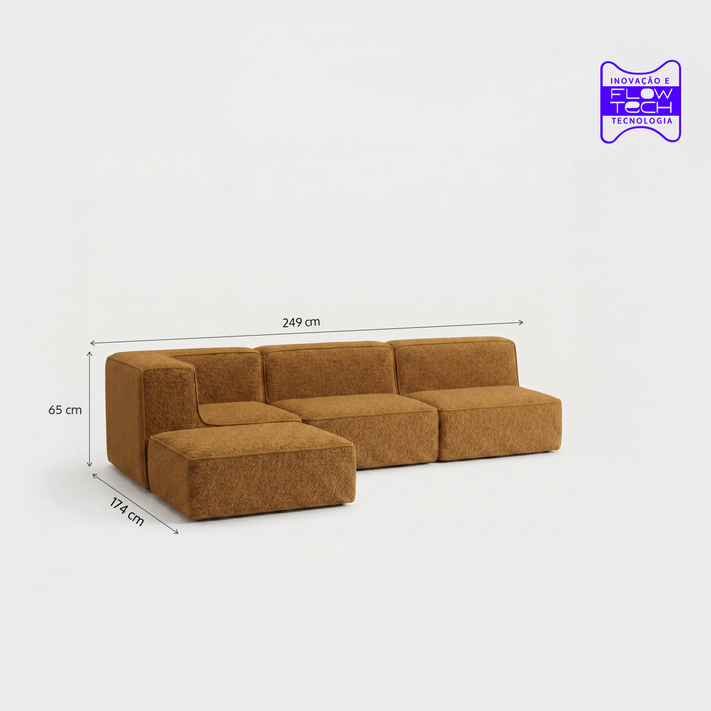 Sofá Modular Flow 3 Lugares 1 Canto com 1 Apoio de Pé em Boucle Plus Mostarda