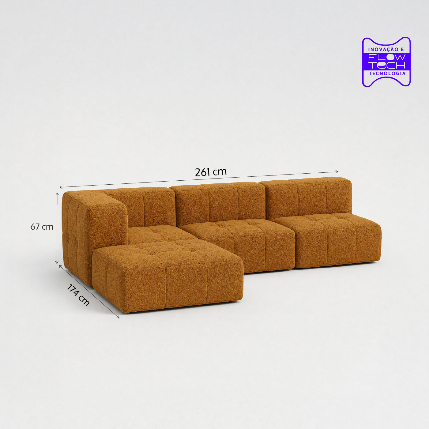 Sofá Modular 3 Lugares 1 Canto com 1 Apoio de Pé em Boucle Plus Mostarda