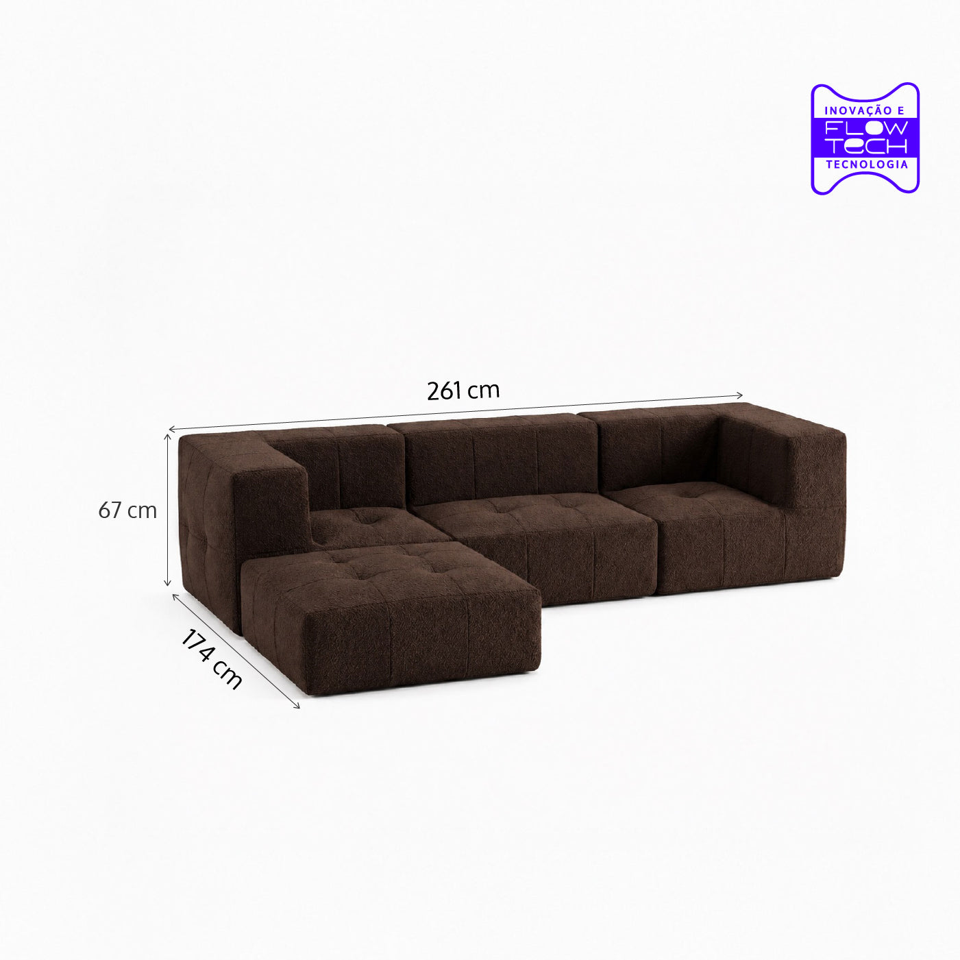Sofá Modular 3 Lugares 2 Cantos com 1 Apoio de Pé em Boucle Plus Marrom