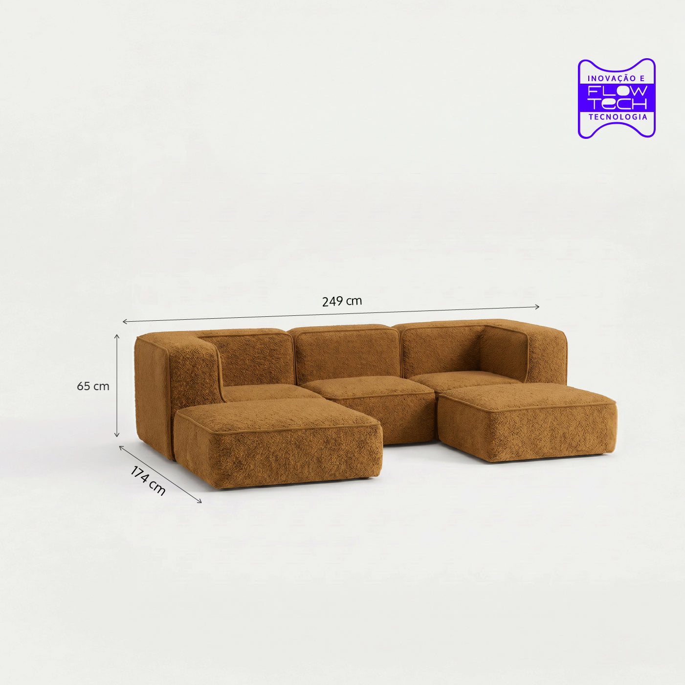 Sofá Modular Flow 3 Lugares 2 Cantos com 2 Apoios de Pé em Boucle Plus Mostarda
