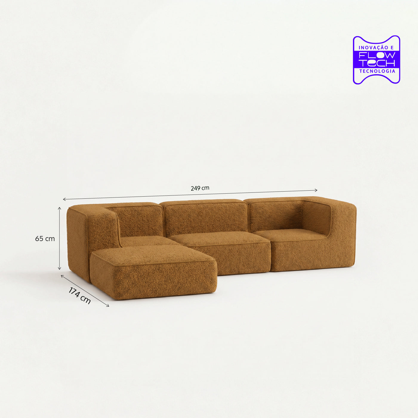 Sofá Modular Flow 3 Lugares 2 Cantos com 1 Apoio de Pé em Boucle Plus Mostarda