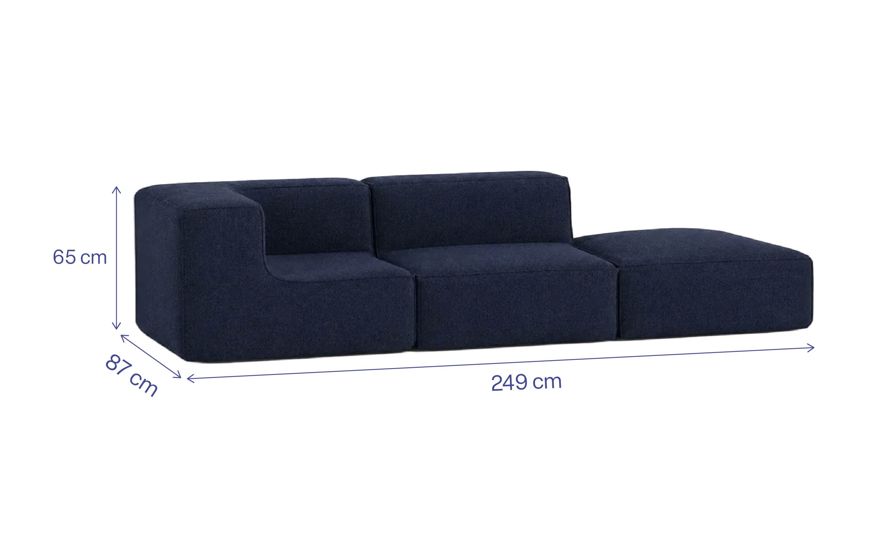 Sofá Modular Flow 2 Lugares 1 Canto com 1 Apoio de Pé em Boucle Azul Marinho