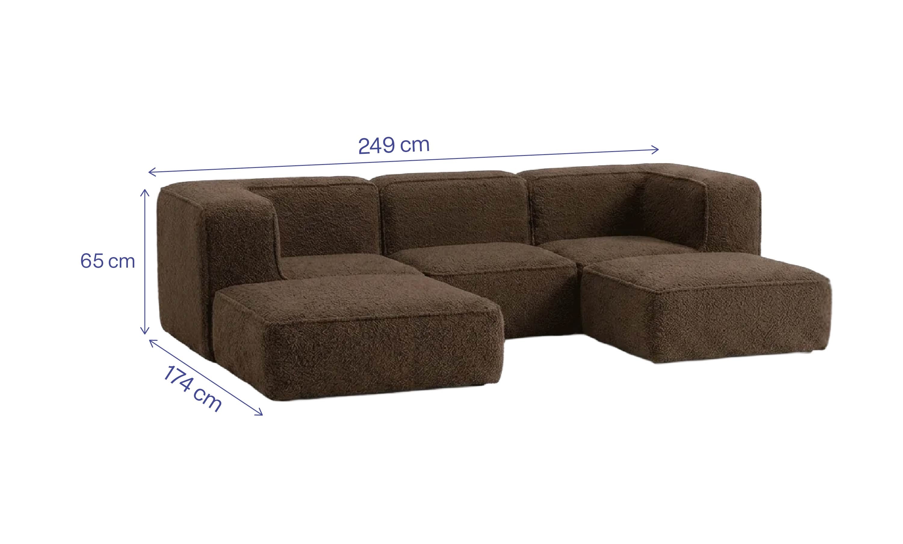 Sofá Modular Flow 3 Lugares 2 Cantos com 2 Apoios de Pé em Boucle Plus Marrom