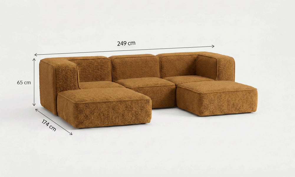 Sofá Modular Flow 3 Lugares 2 Cantos com 2 Apoios de Pé em Boucle Plus Mostarda