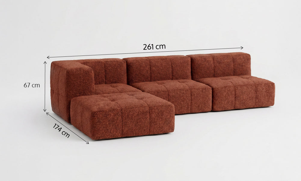 Sofá Modular 3 Lugares 1 Canto com 1 Apoio de Pé em Boucle Plus Terracota