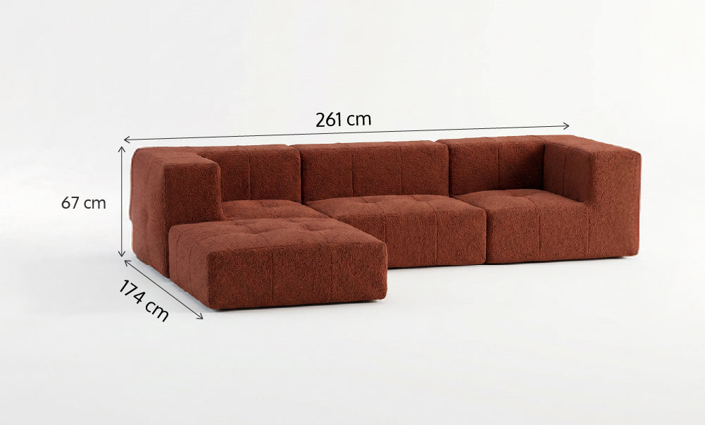 Sofá Modular 3 Lugares 2 Cantos com 1 Apoio de Pé em Boucle Plus Terracota