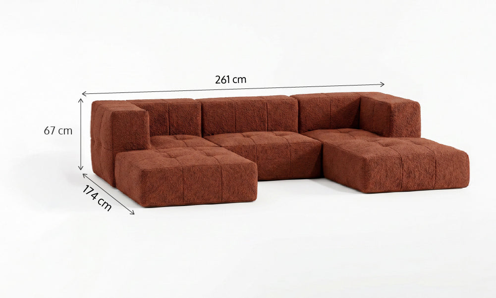 Sofá Modular 3 Lugares 2 Cantos com 2 Apoios de Pé em Boucle Plus Terracota