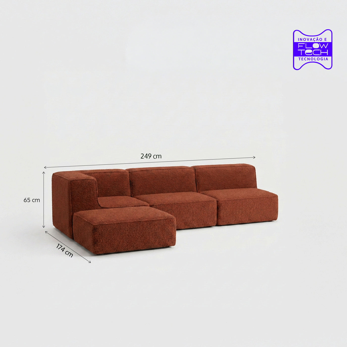 Sofá Modular Flow 3 Lugares 1 Canto com 1 Apoio de Pé em Boucle Plus Terracota