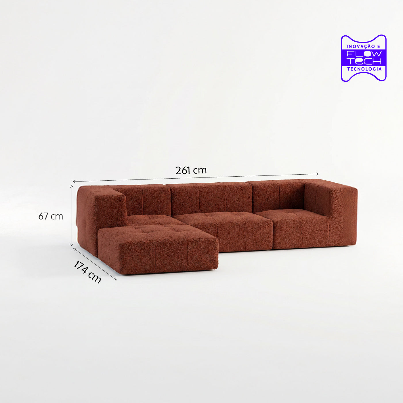 Sofá Modular 3 Lugares 2 Cantos com 1 Apoio de Pé em Boucle Plus Terracota