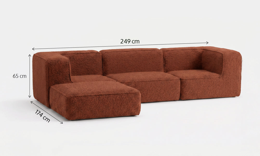 Sofá Modular Flow 3 Lugares 2 Cantos com 1 Apoio de Pé em Boucle Plus Terracota