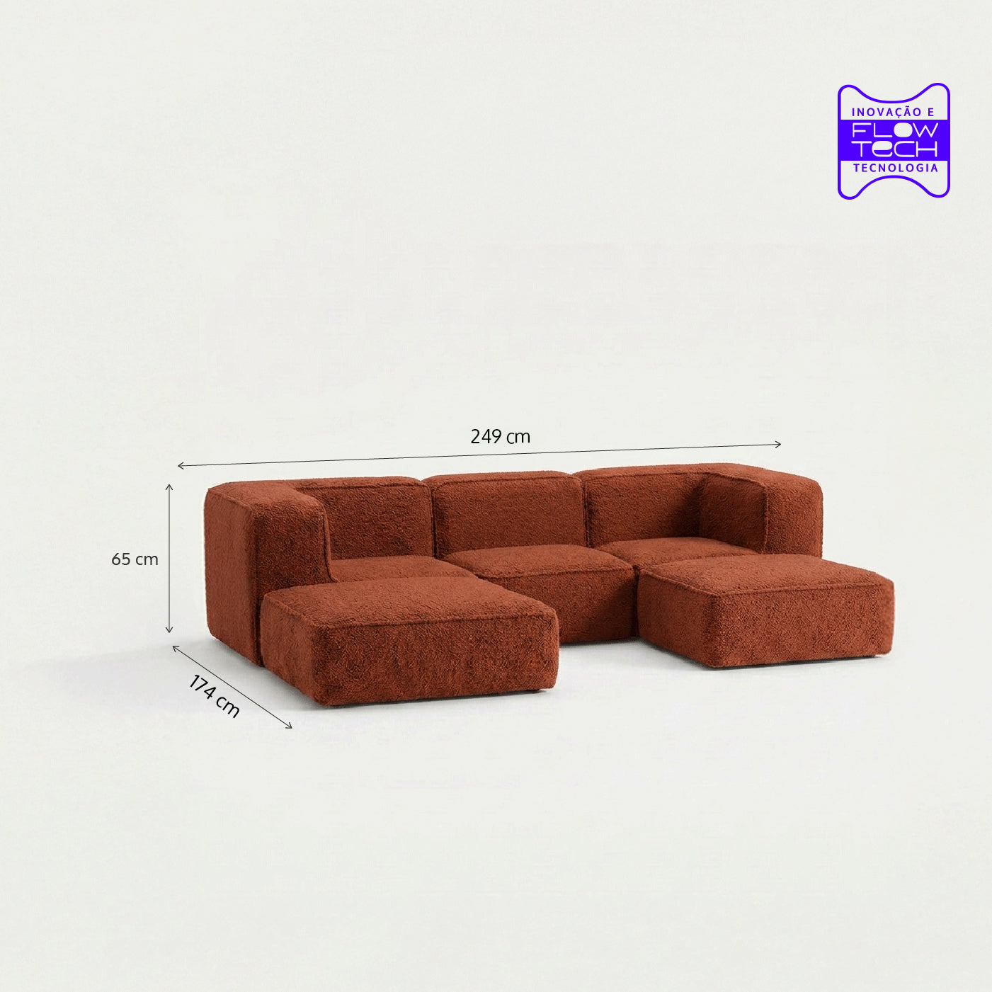 Sofá Modular Flow 3 Lugares 2 Cantos com 2 Apoios de Pé em Boucle Plus Terracota