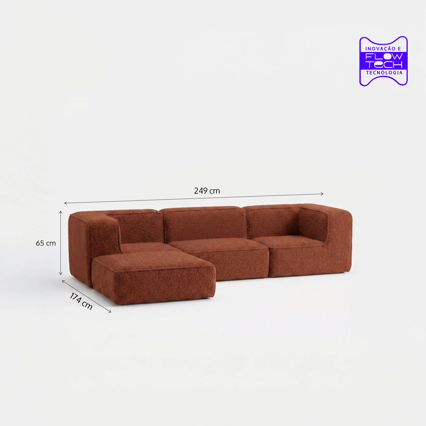 Sofá Modular Flow 3 Lugares 2 Cantos com 1 Apoio de Pé em Boucle Plus Terracota