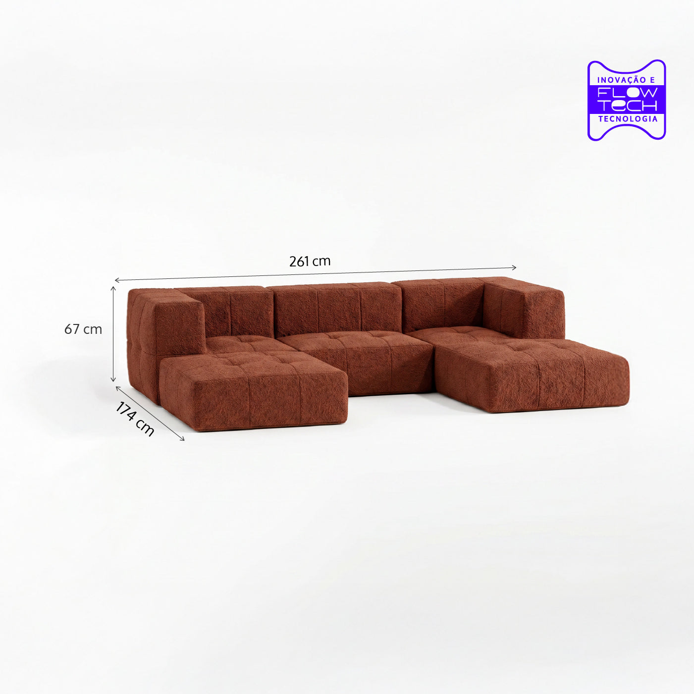 Sofá Modular 3 Lugares 2 Cantos com 2 Apoios de Pé em Boucle Plus Terracota
