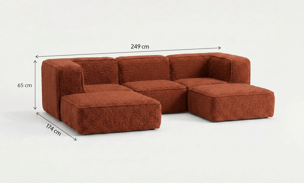 Sofá Modular Flow 3 Lugares 2 Cantos com 2 Apoios de Pé em Boucle Plus Terracota