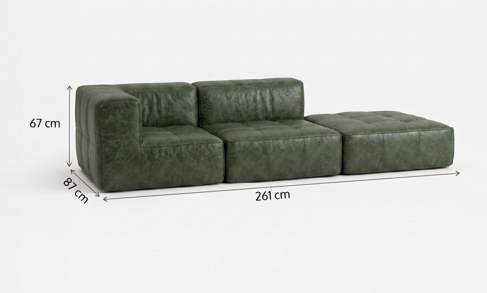 Sofá Modular 2 Lugares 1 Canto com 1 Apoio de Pé em Poli-Couro Green