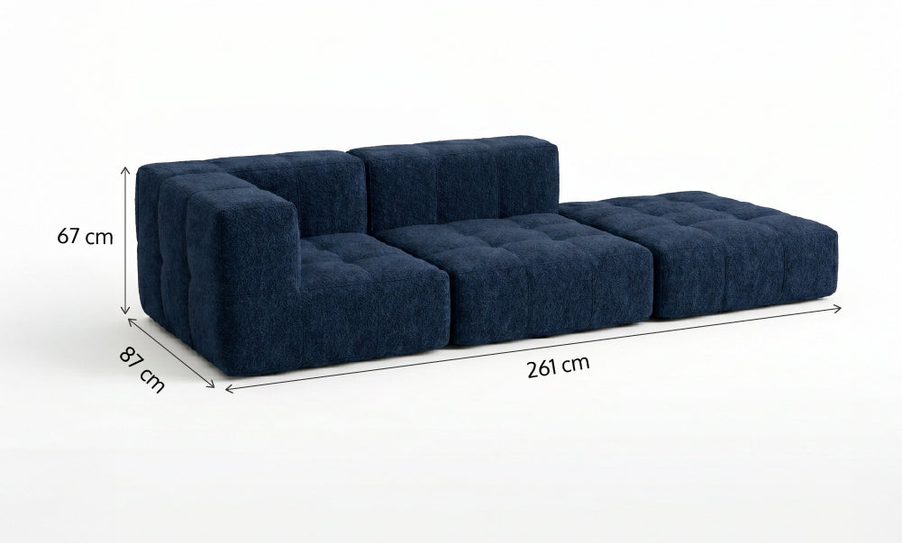 Sofá Modular 2 Lugares 1 Canto com 1 Apoio de Pé em Boucle Azul Marinho