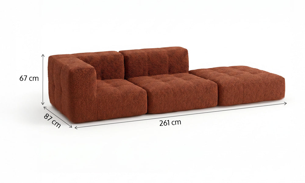 Sofá Modular 2 Lugares 1 Canto com 1 Apoio de Pé em Boucle Plus Terracota