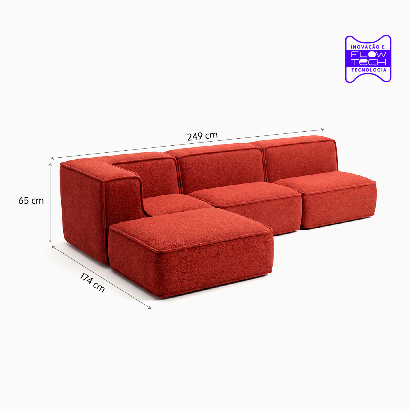 Sofá Modular Flow 3 Lugares 1 Canto com 1 Apoio de Pé em Boucle Plus Terracota