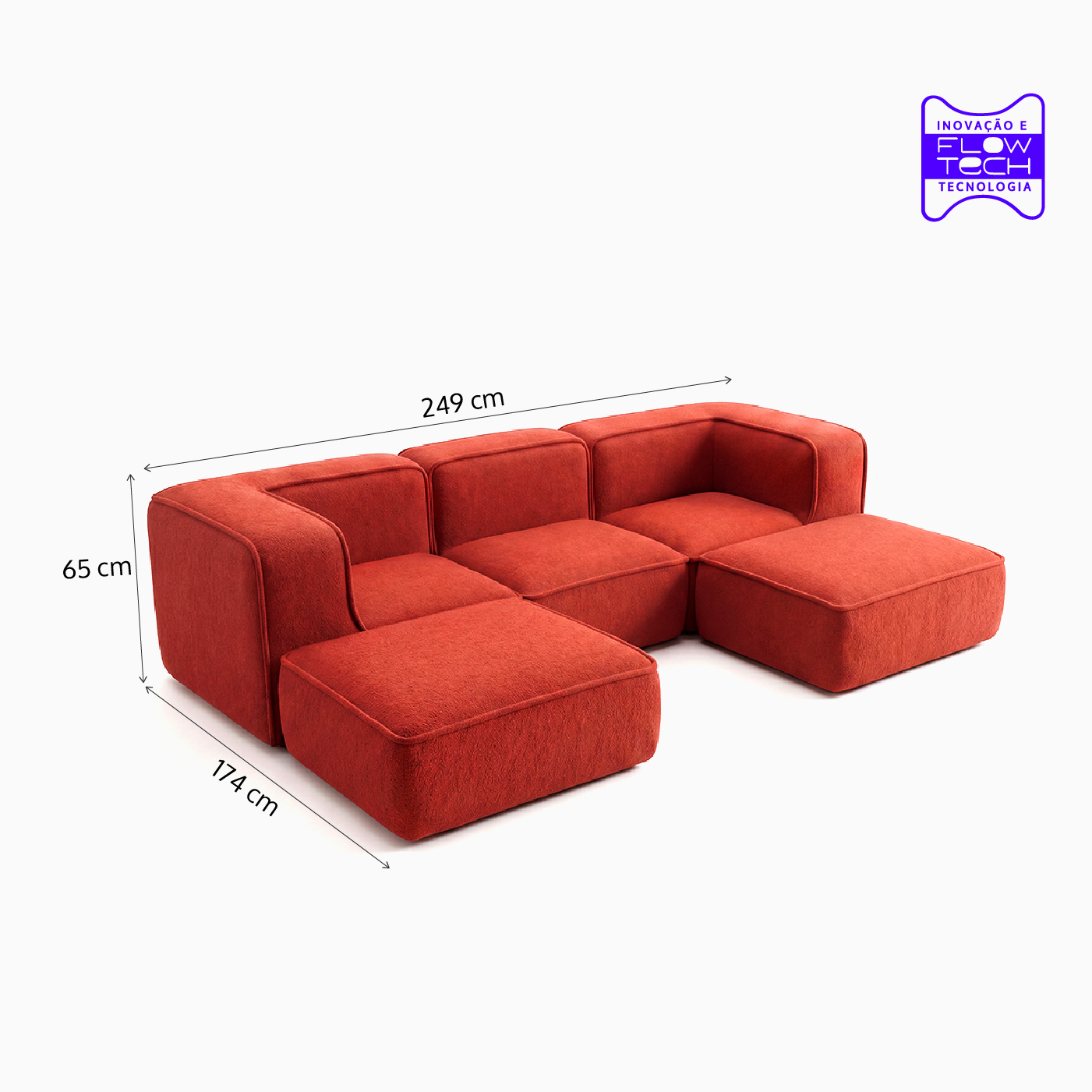 Sofá Modular Flow 3 Lugares 2 Cantos com 2 Apoios de Pé em Boucle Plus Terracota