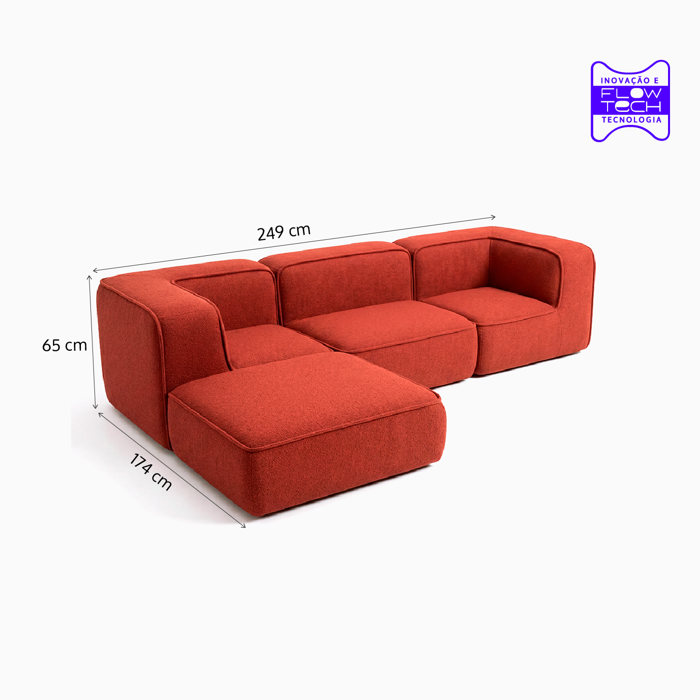 Sofá Modular Flow 3 Lugares 2 Cantos com 1 Apoio de Pé em Boucle Plus Terracota
