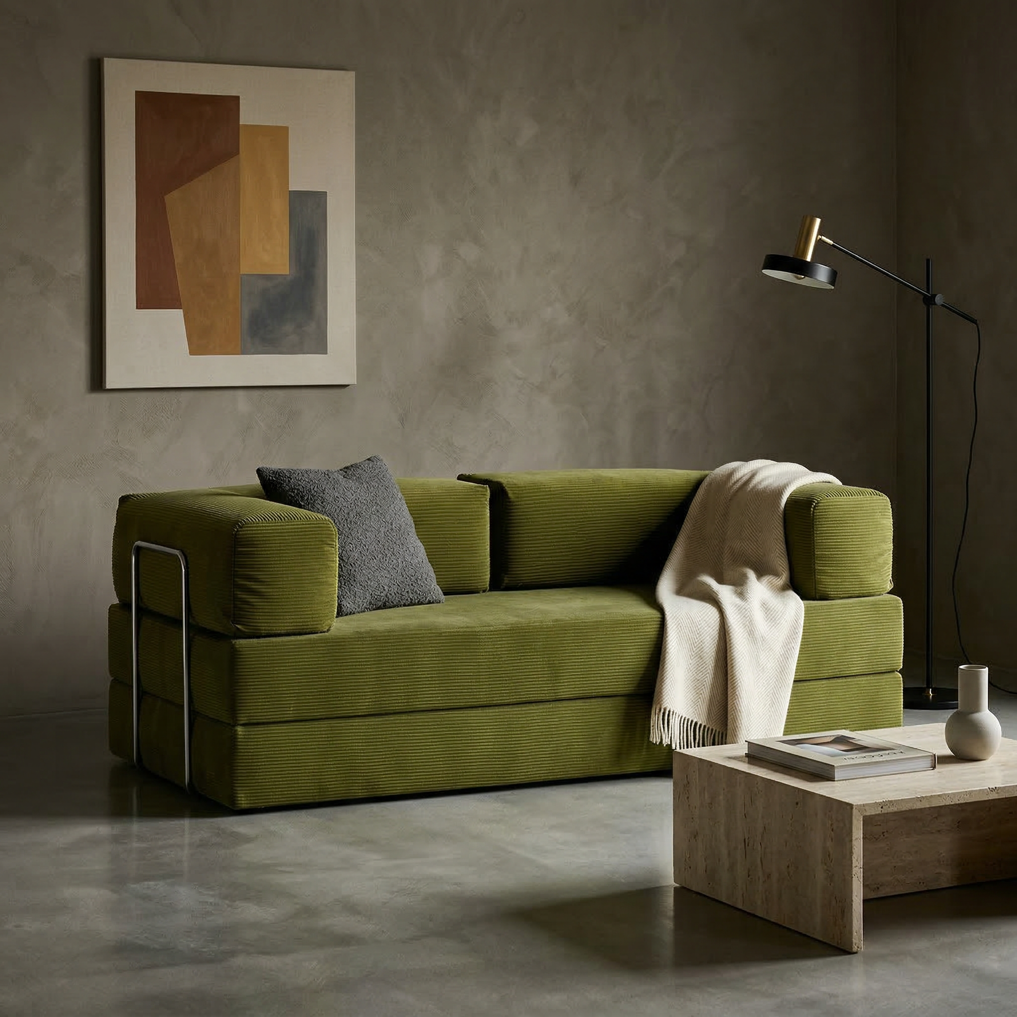 Sofá Cama 2 Lugares em Cotelê Flowin Verde Oliva  - Inflow
