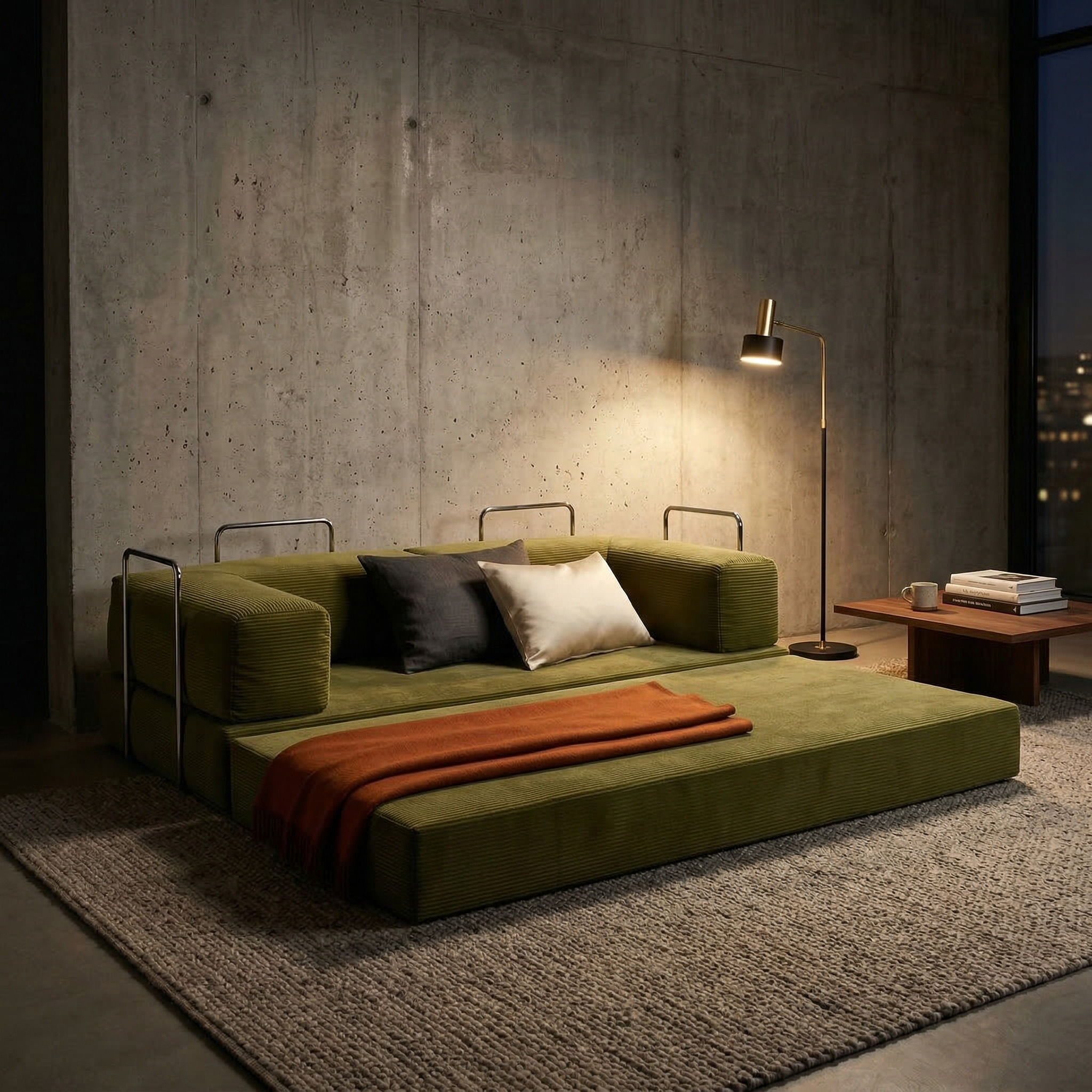 Sofá Cama 2 Lugares em Cotelê Flowin Verde Oliva  - Inflow