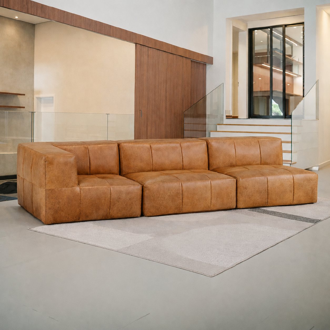 Sofá Modular 3 Lugares 1 Canto em Poli-Couro Marrom
