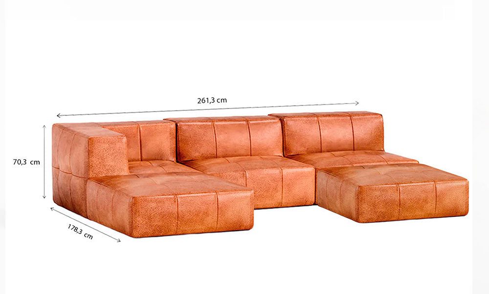 Sofá Modular 3 Lugares 1 Canto com 2 Apoios de Pé em Poli-Couro Marrom